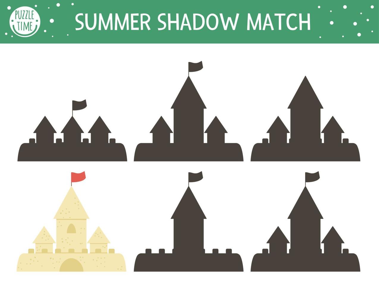 Summer shadow matching activity for children with sandcastle. Preschool sea vacation puzzle. Educational riddle. Find the correct silhouette printable worksheet. Simple beach holiday game for kids vector