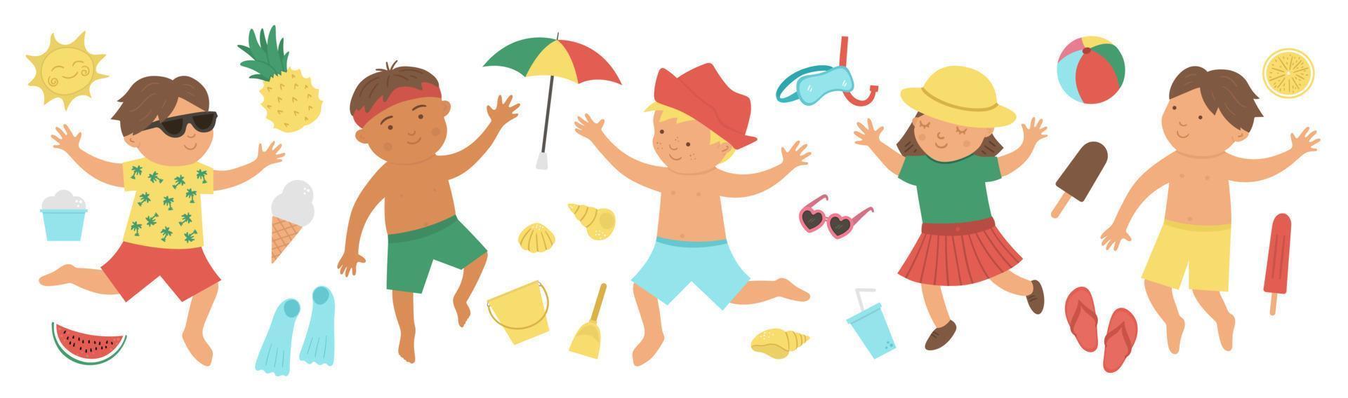 conjunto de verano vectorial con niños en trajes de baño con objetos de playa. linda colección de niños felices. divertida ilustración de vacaciones en el mar. elementos de diseño de verano aislados sobre fondo blanco. vector