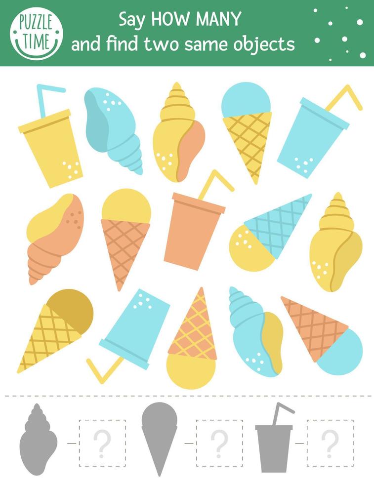 Summer counting game with ice-cream, lemonade and seashell. Beach food math activity for preschool children. How many objects worksheet. Educational printable with cute funny pictures for kids vector