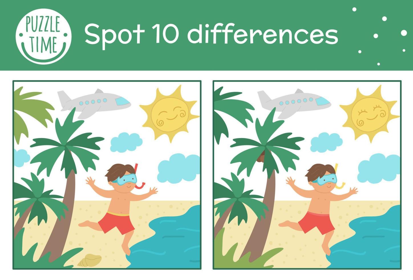 juego de encontrar diferencias de verano para niños. actividad preescolar de vacaciones en la playa con un niño corriendo hacia el mar. hoja de trabajo imprimible con lindo personaje sonriente divertido. vector