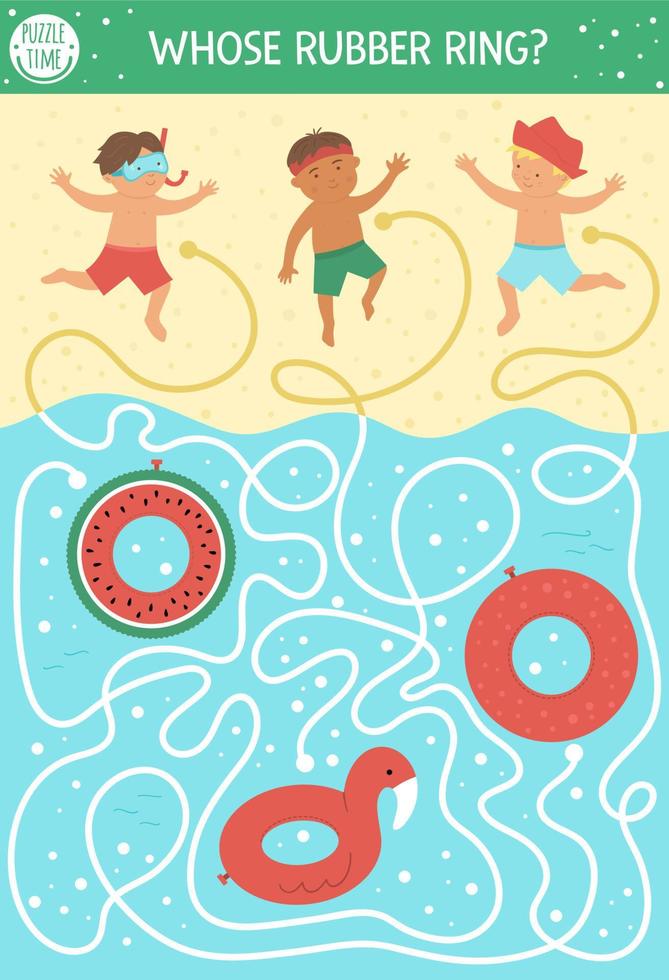 laberinto de verano para niños. actividad preescolar de vacaciones en la playa. rompecabezas divertido con chicos lindos y anillos de goma inflables. juego de vacaciones para niños. actividad imprimible con niño, arena y agua vector