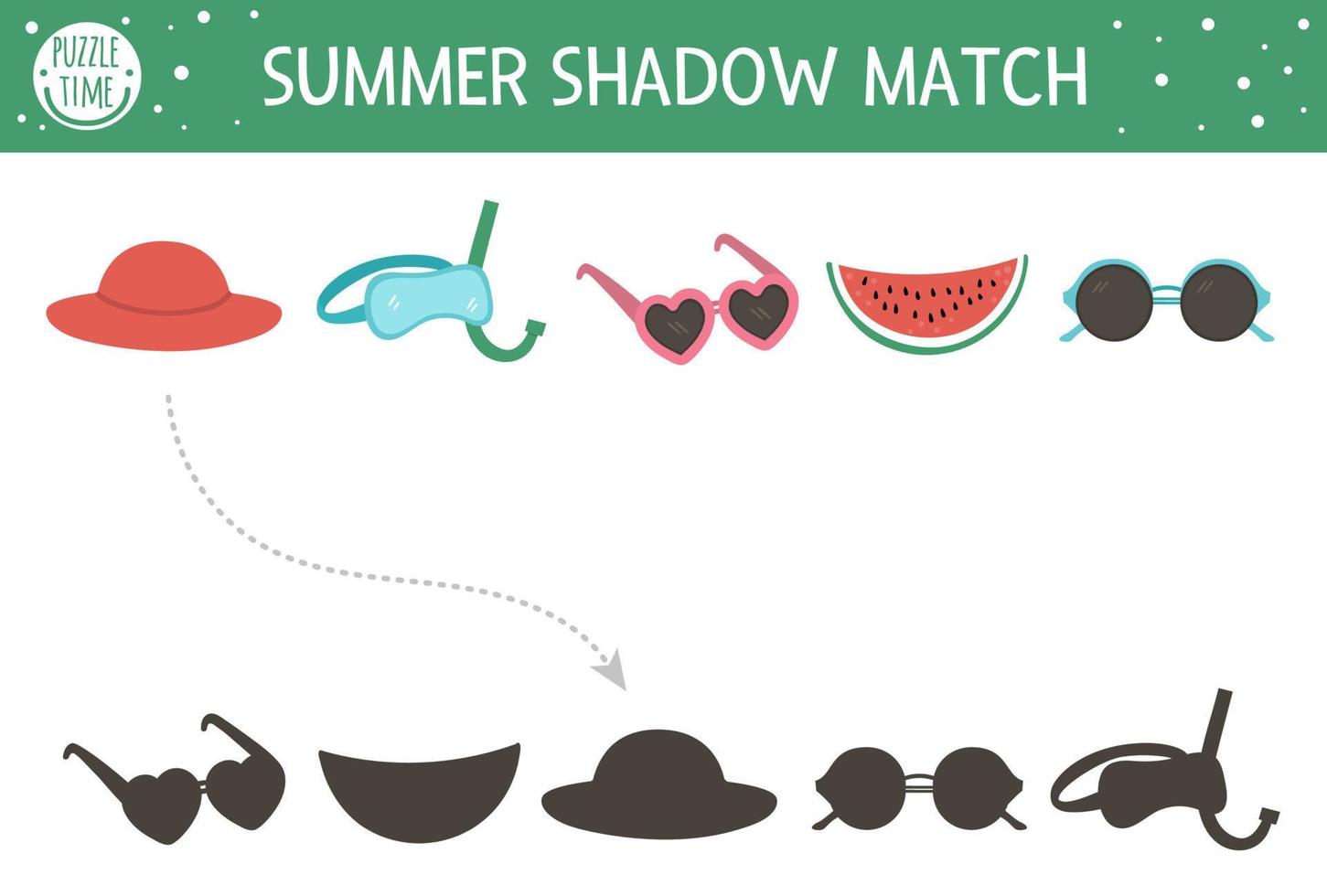 Summer shadow matching activity for children. Preschool sea vacation puzzle. Cute exotic educational riddle. Find the correct silhouette printable worksheet. Simple beach holiday game for kids vector