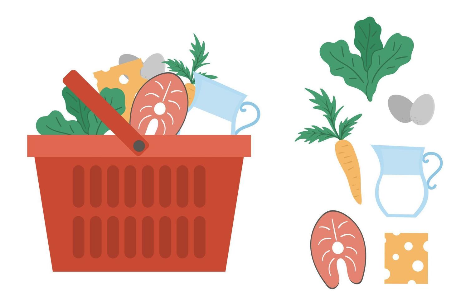 Cesta de la compra roja vectorial con icono de productos aislado en fondo blanco. carro de plástico con verduras, pescado, productos lácteos. ilustración de comida saludable vector