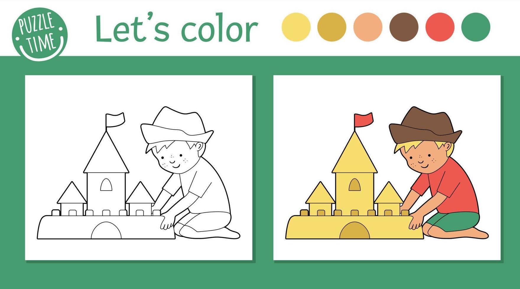 Summer coloring page for children. Cute funny kid building sandcastle. Vector beach holidays outline illustration. Sea vacation color book for kids with colored version and example