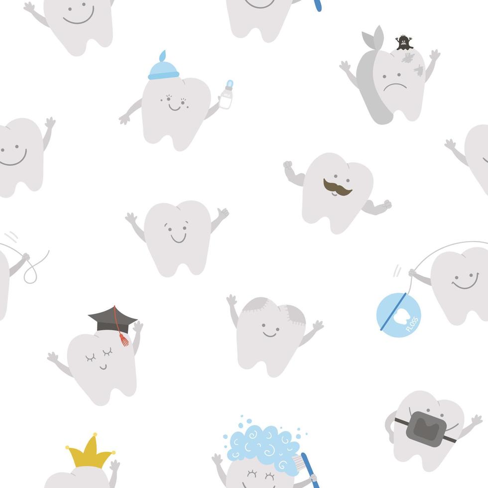 Seamless pattern with cute kawaii teeth. Vector background with tooth icons for children design. Funny dental care digital paper for kids. Dentist baby clinic texture with mouth hygiene concept