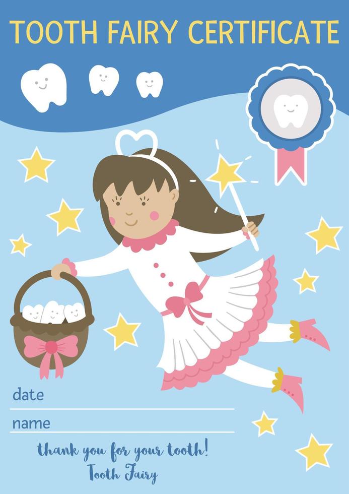 certificado de hada de los dientes por dientes perdidos. lindo documento vectorial para niños. plantilla de tarjeta divertida con princesa de fantasía kawaii. imagen de cuidado dental para niños. dentista bebe clinica clipart vector