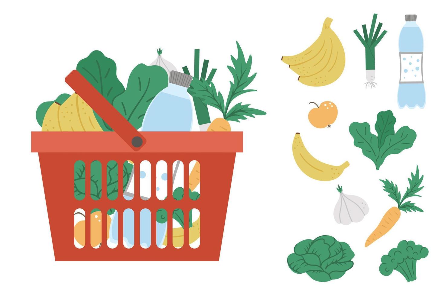 cesta de la compra roja vectorial con icono de productos aislado en fondo blanco. carro de plástico con verduras, frutas, agua. ilustración de comida saludable vector