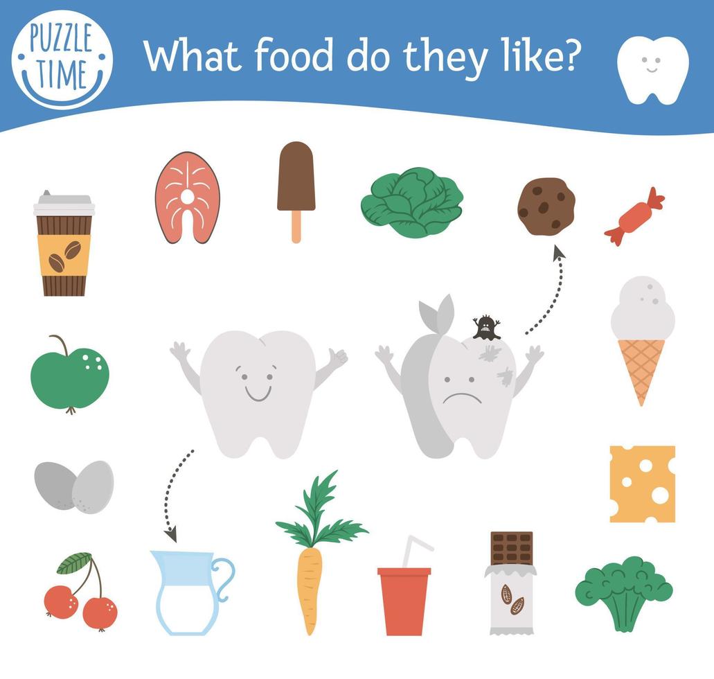 Dental care matching activity with cute teeth and different products