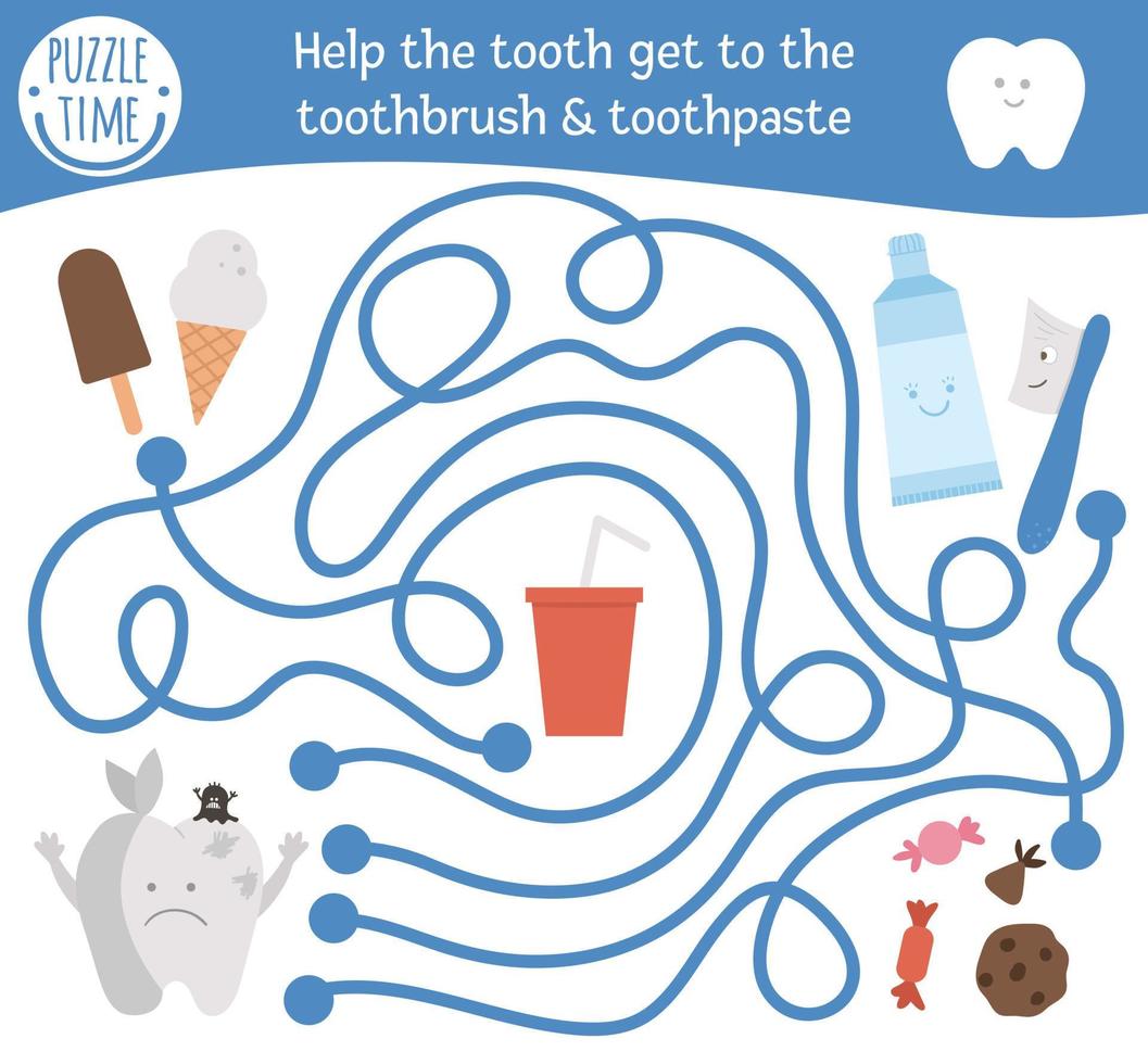 Dental care maze for children. Preschool medical activity. Funny puzzle game with cute characters. Help ill tooth get to the toothbrush and toothpaste. Mouth hygiene labyrinth vector