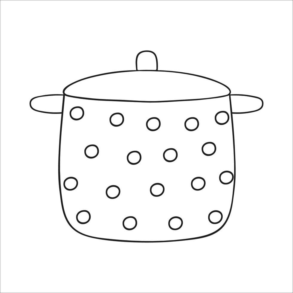 Vector black and white pot. Kitchen tool icon isolated on white background. Cartoon style cooking equipment. Crockery vector illustration