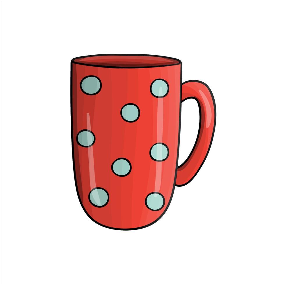 Coffee mug cartoon icon. Colored tea cup vector illustration. Linear art red polka dot crockery isolated on white background. Doodle style kitchen crockery