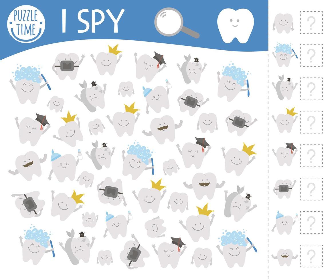 juego de cuidado dental i spy para niños. actividad de búsqueda y conteo con temas de higiene bucal para niños en edad preescolar con lindos dientes kawaii. divertido juego para niños. hoja de trabajo de prueba lógica. vector