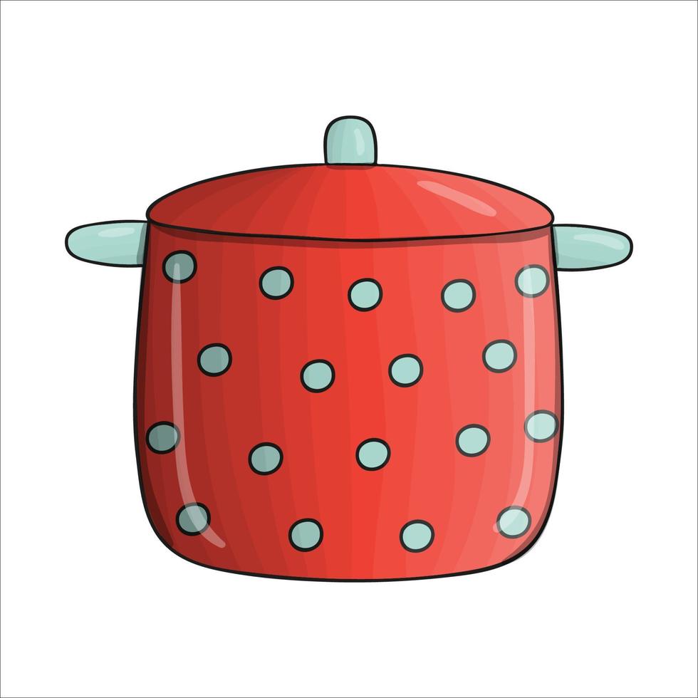 Vector red polka dot pot. Kitchen tool icon isolated on white background. Cartoon style cooking equipment. Crockery vector illustration