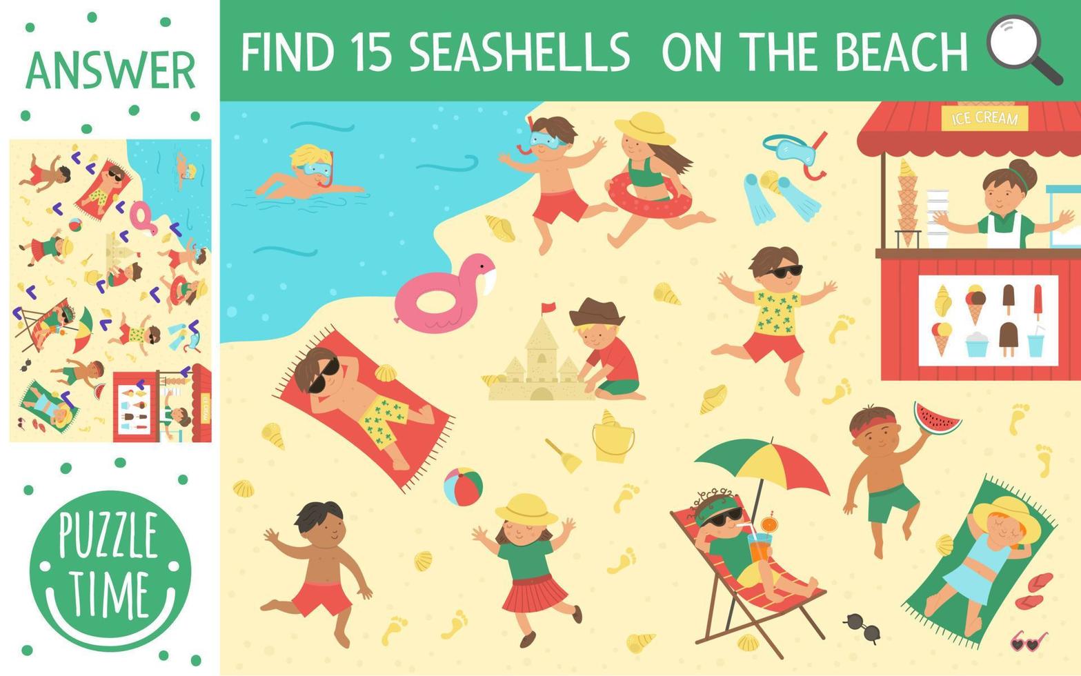 juego de búsqueda de vectores con niños jugando en la playa y haciendo actividades de verano. encontrar conchas marinas escondidas en la arena. actividad imprimible simple y divertida de verano para niños