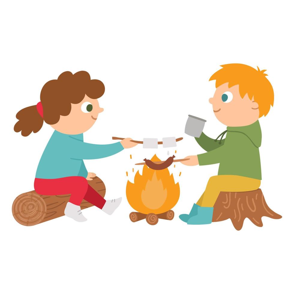 Vector cute boy and girl sitting by the fire and frying sausage and marshmallow. Campfire activity scene with cute kids. Travelers isolated on white background. Outdoor or summer camp icon.