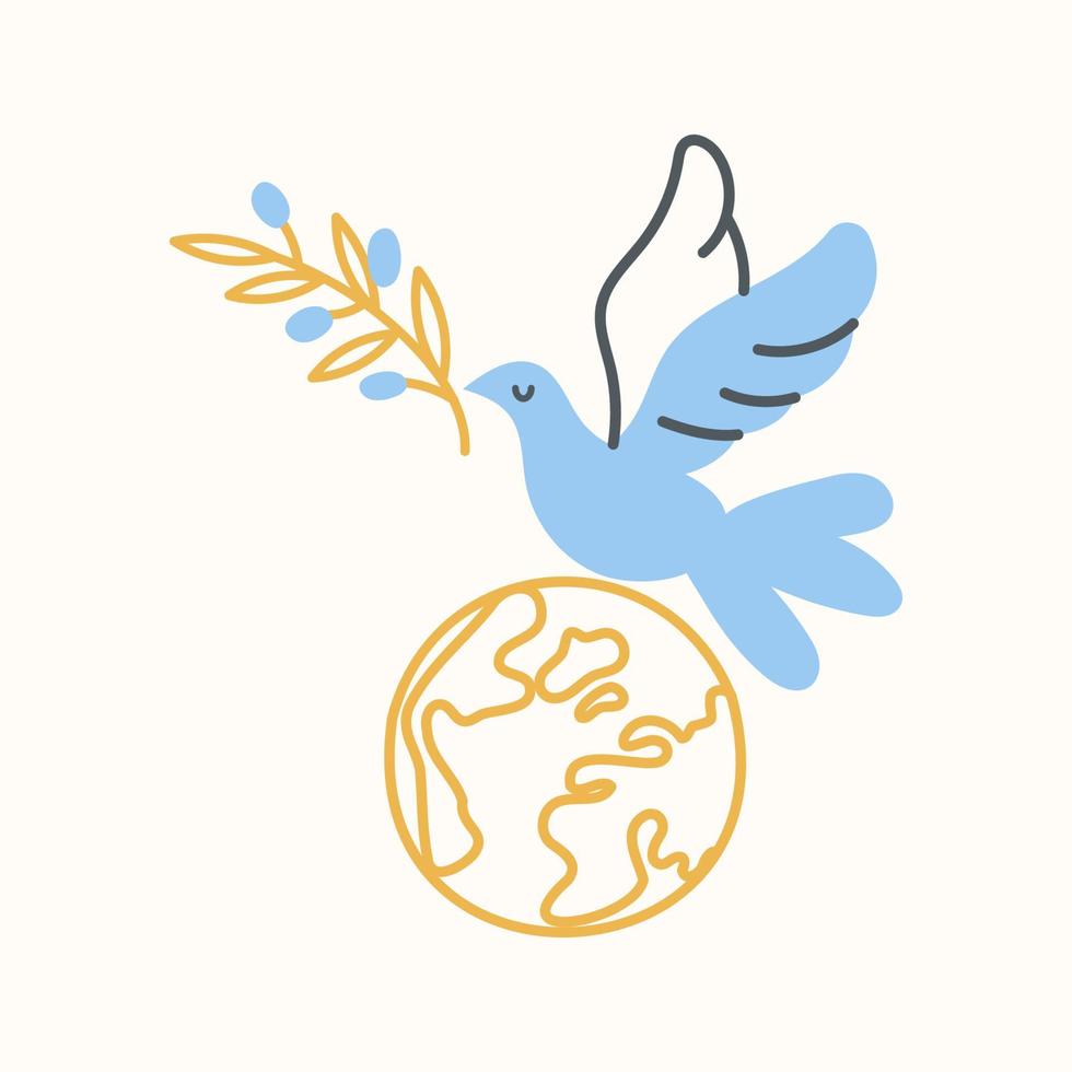 Flying dove and planet earth. Minimalistic illustration for International Day of Peace. Vector