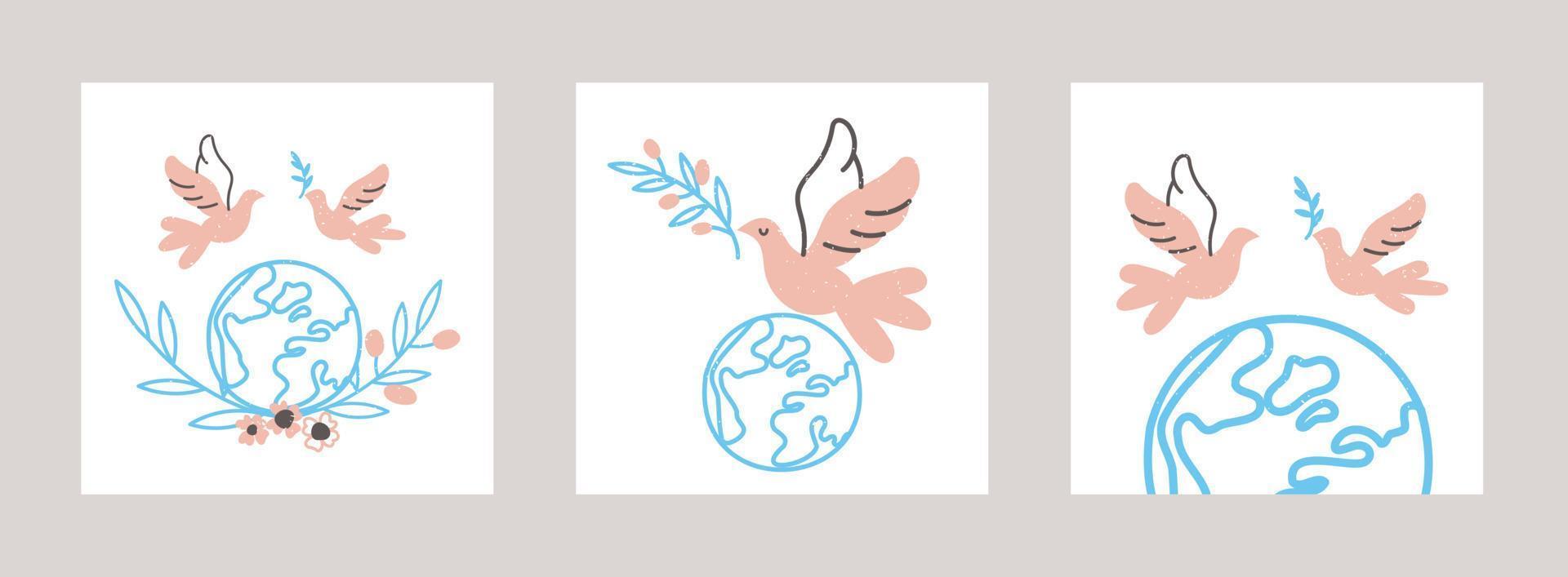 Flying dove and planet earth set of cards. Minimalistic illustration for International Day of Peace. Vector