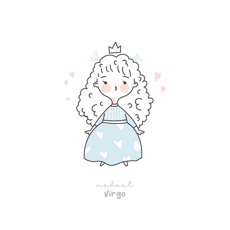 Virgo zodiac sign illustration. Astrological horoscope symbol character for kids. Line art cute card in pastel colors. Hand draw vector design in cartoon style