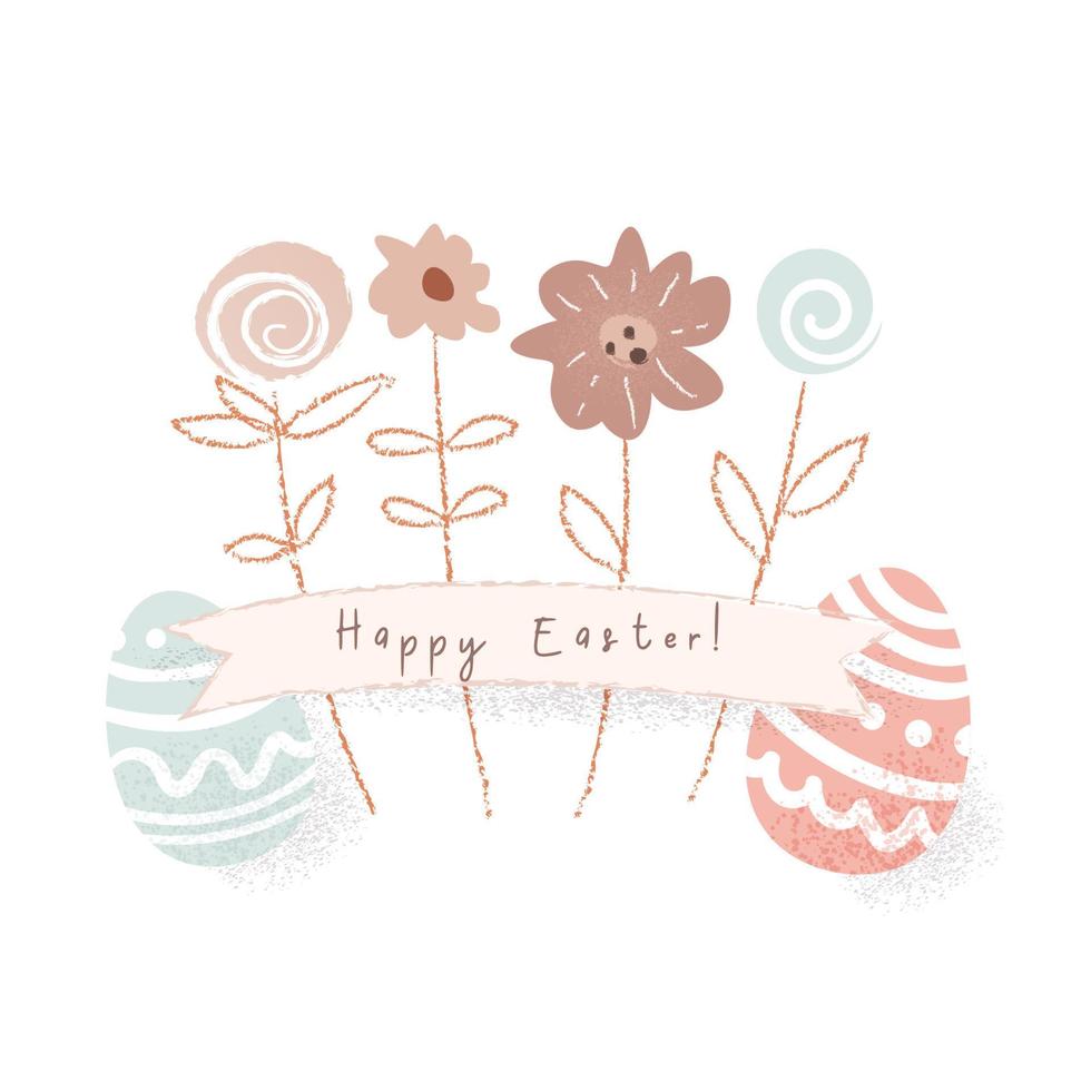 Happy easter cute illustration with eggs and flowers. Hand drawn elegant card. Vector