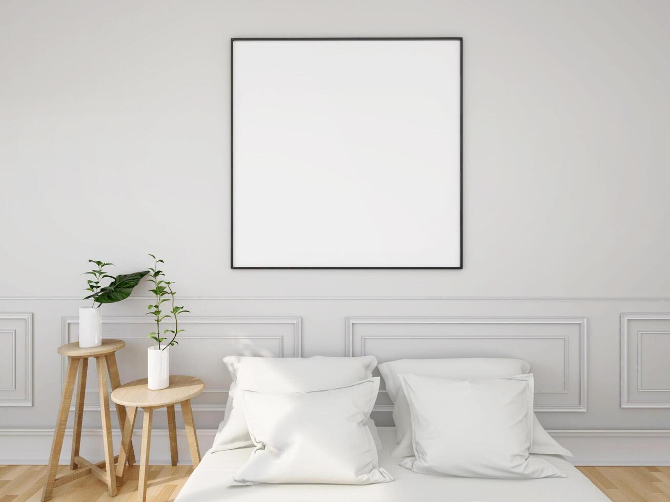 Mock up of poster frame in wooden floor modern interior in living room with some trees isolated on light background, 3D render, 3D illustration photo