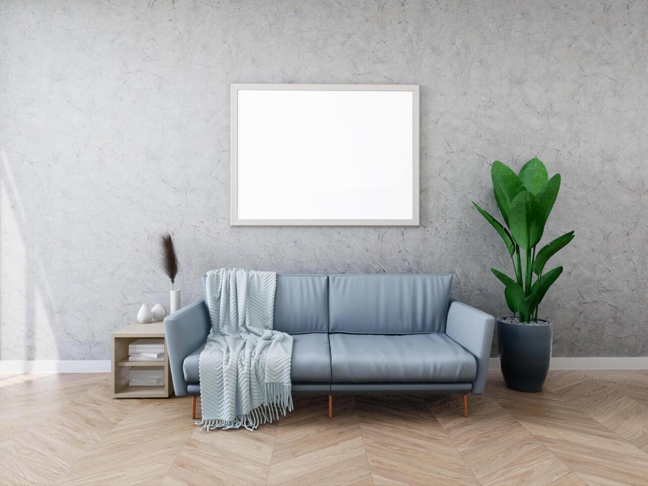 Mock up of poster frame in wooden floor modern interior in living room with some trees isolated on light background, 3D render, 3D illustration photo