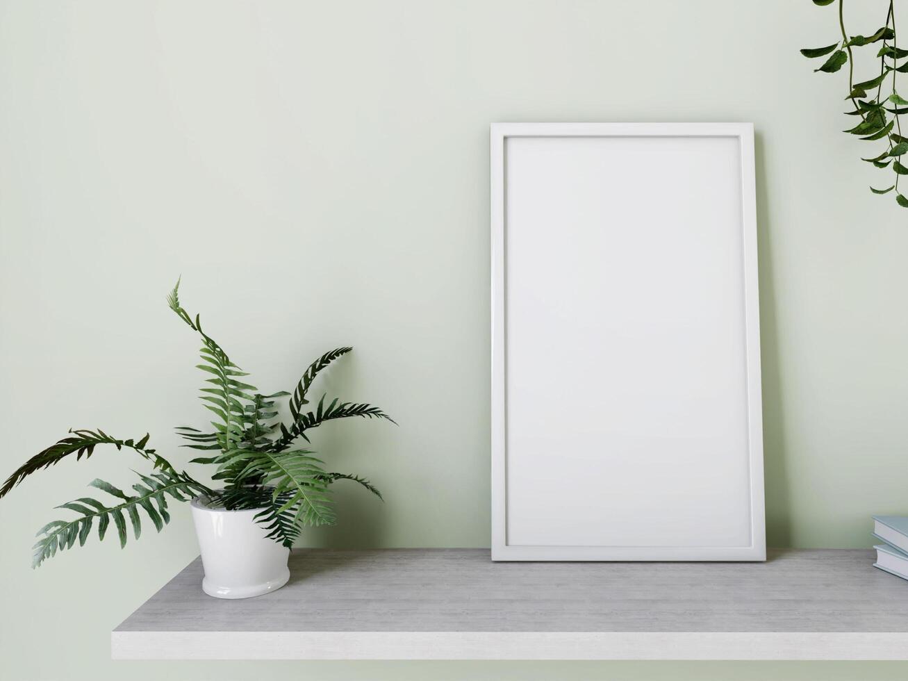 Mock up of poster frame in wooden floor modern interior in living room with some trees isolated on light background, 3D render, 3D illustration photo