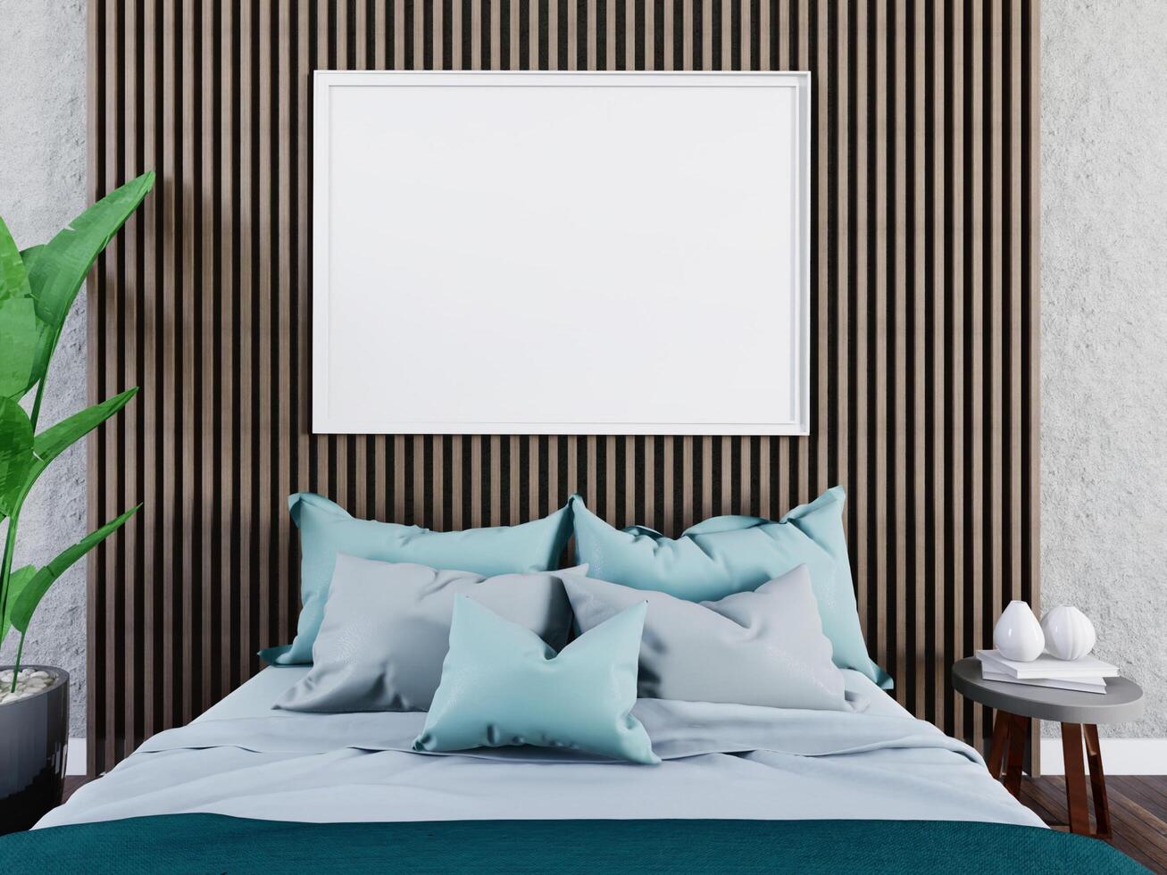 Mock up of poster frame in wooden floor modern interior behind of bed  in bed room with some trees isolated on light background, 3D render, 3D illustration photo