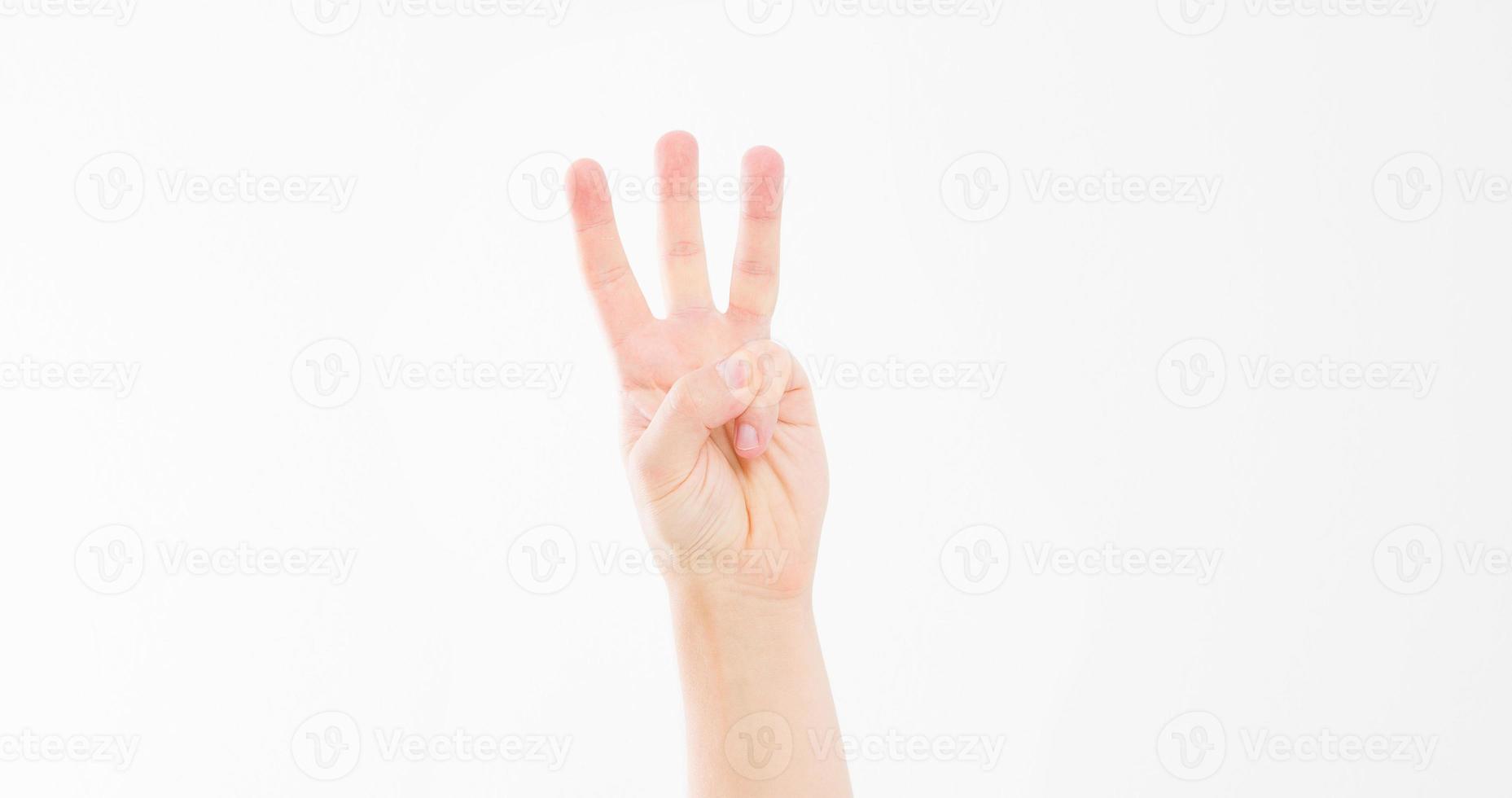 hand show the third, number three sign. isolated on white background. caucasian arm. Mock up. Copy space. Template. Blank. photo