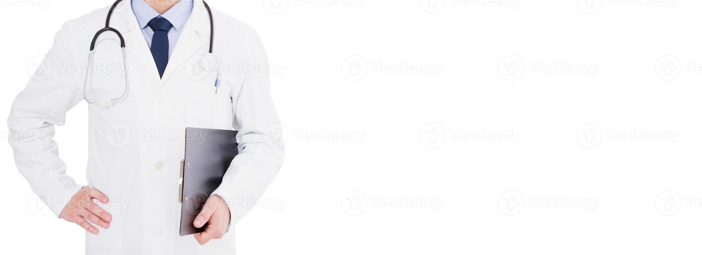 cropped portrait doctor posing with stethoscope over white background isolated photo