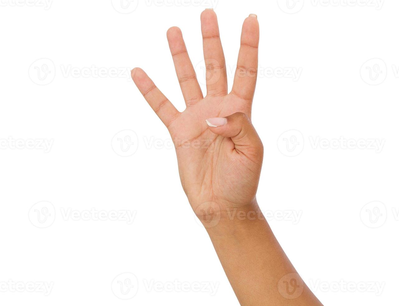 afro american woman's hand shows four fingers,black arm gesture isolated on white background photo