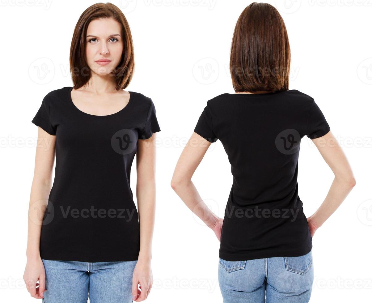 Set girl in blank black tshirt mockup design for print and concept template young woman in T-shirt front and back view isolated white background with clipping path photo