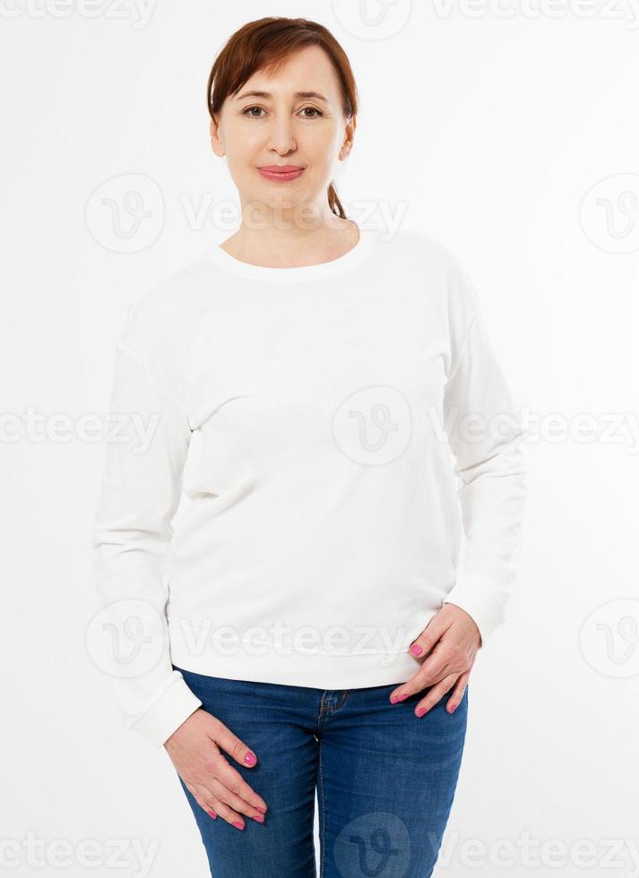 smile woman in white pullover posing on white background - mock up photo