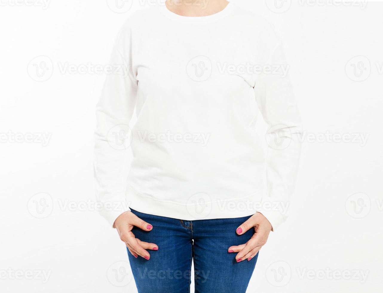 White pullover on a young woman in shorts closeup, isolated, with copy space, mockup. photo