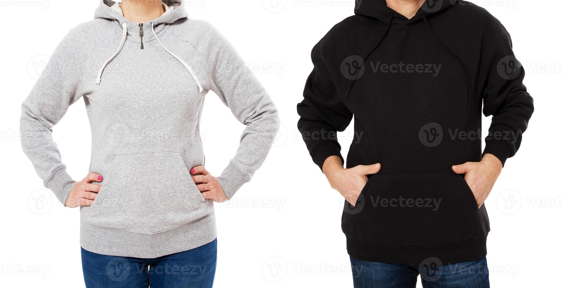 Woman and man in hoodie mock up isolated on white background copy space template. Empty sweatshirt blank template photo