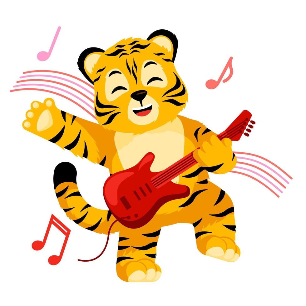 pequeño tigre tocando la guitarra eléctrica aislada. lindo personaje de dibujos animados tigre rayado musican. vector