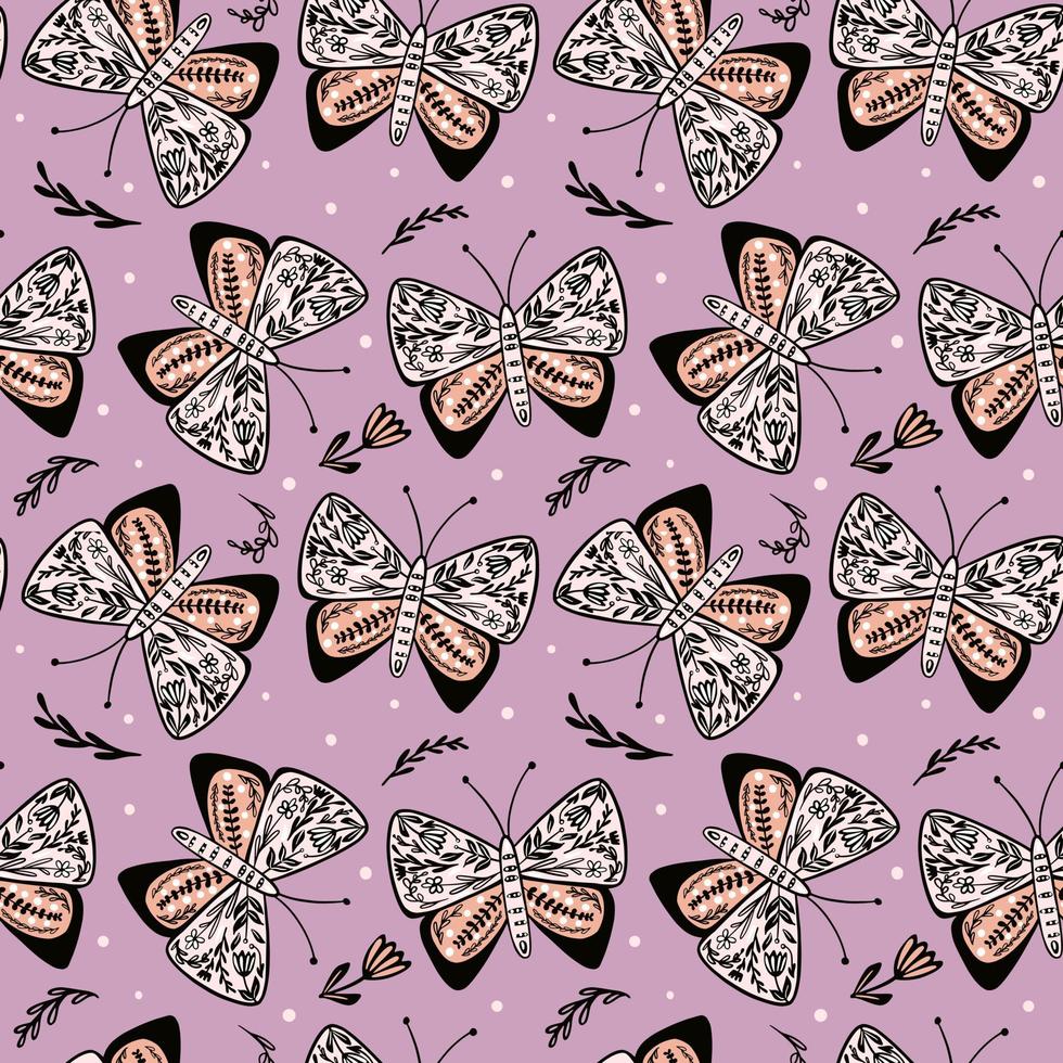 Butterflies seamless pattern in folk style. Hand drawn butterfly and flowers endless wallpaper. Cute flying insect print. Animal folklore motif. vector