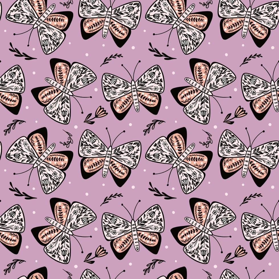 mariposas de patrones sin fisuras en estilo popular. Fondo de pantalla sin fin de mariposas y flores dibujadas a mano. lindo estampado de insectos voladores. motivo de folclore animal. vector