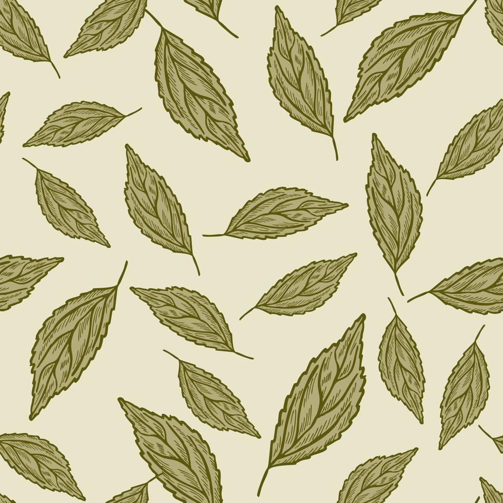 Seamless pattern engraved tree leaves. Vintage background botanical with foliage in hand drawn style. vector