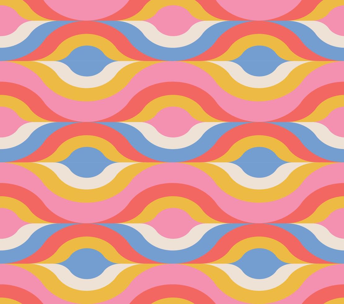 Retro psychedelic curves seamless pattern. 70s 60s style wallpaper texture for hippie positive desigh. Vector flat illustration.