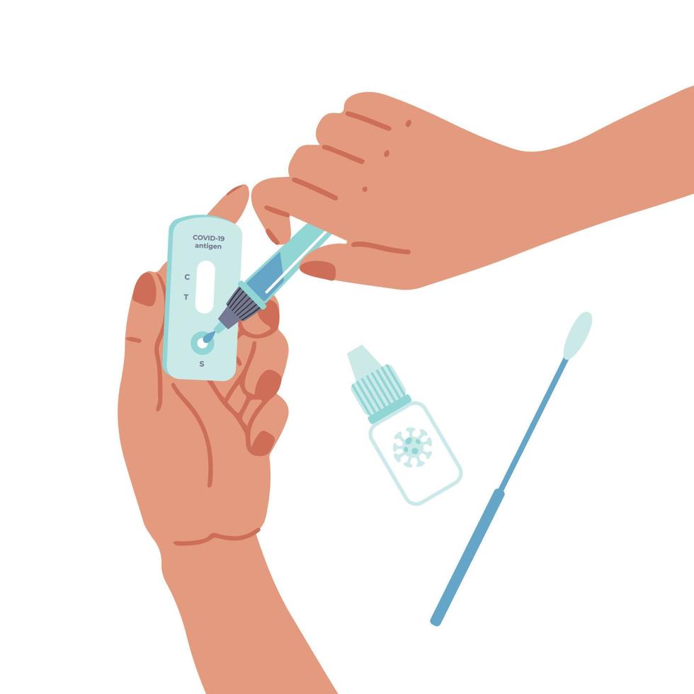 ATK covid-19 test in use at home. Handd holding Antigen test kit. Concept with with buffer dropper and swab stick. Flat vector illustration