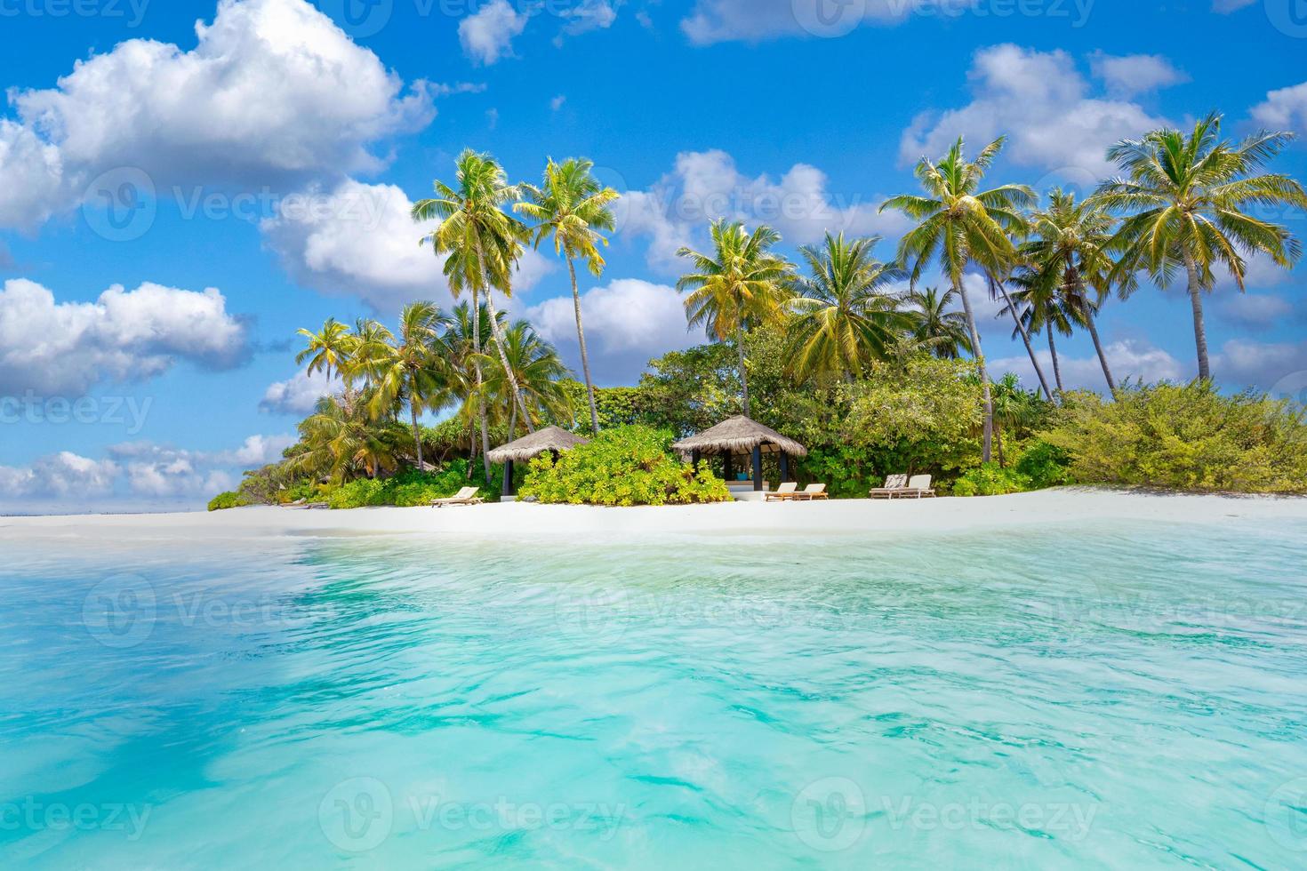 Maldives island beach. Tropical landscape of summer scenery, white sand with palm trees. Luxury travel vacation destination. Exotic beach landscape. Amazing nature, relax, freedom nature template photo