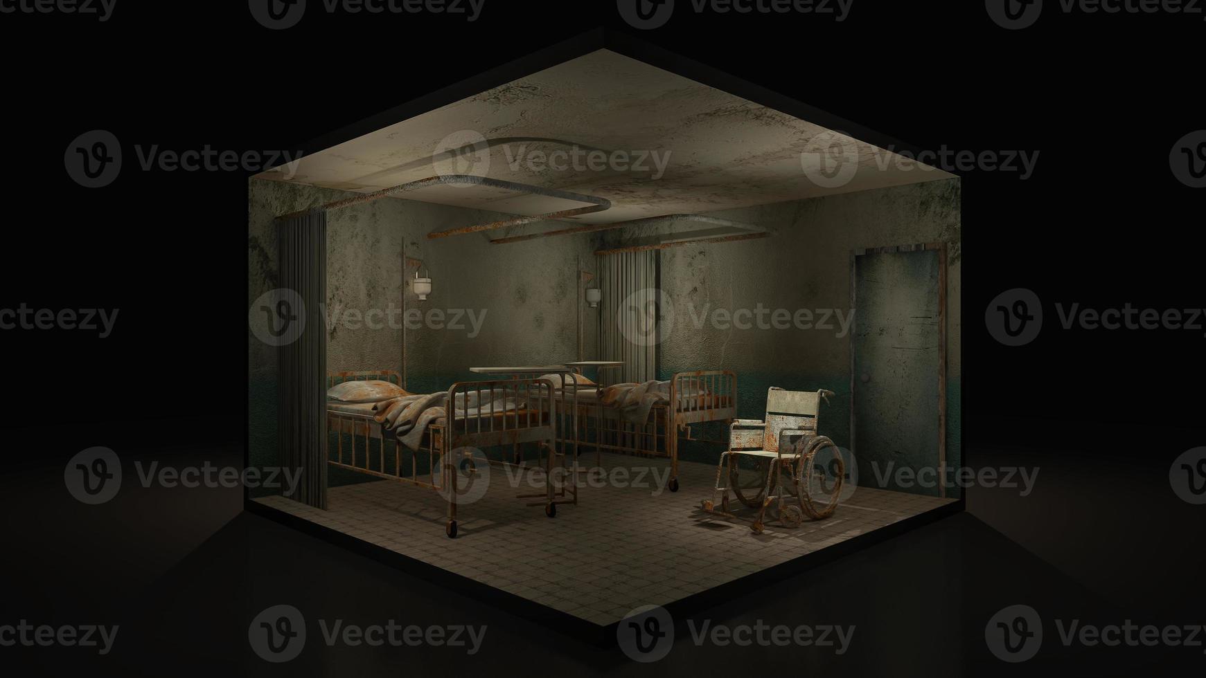 Horror and creepy ward room in the hospital with wheelchair.,3d illustration. photo