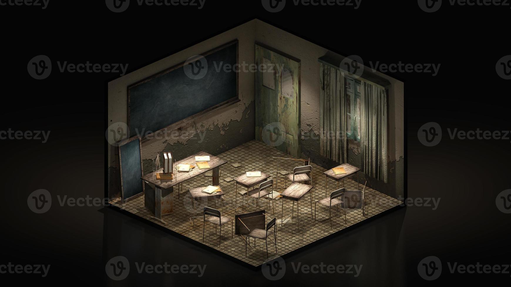 Horror and creepy classroom in the school.,3d illustration Isomatric. photo