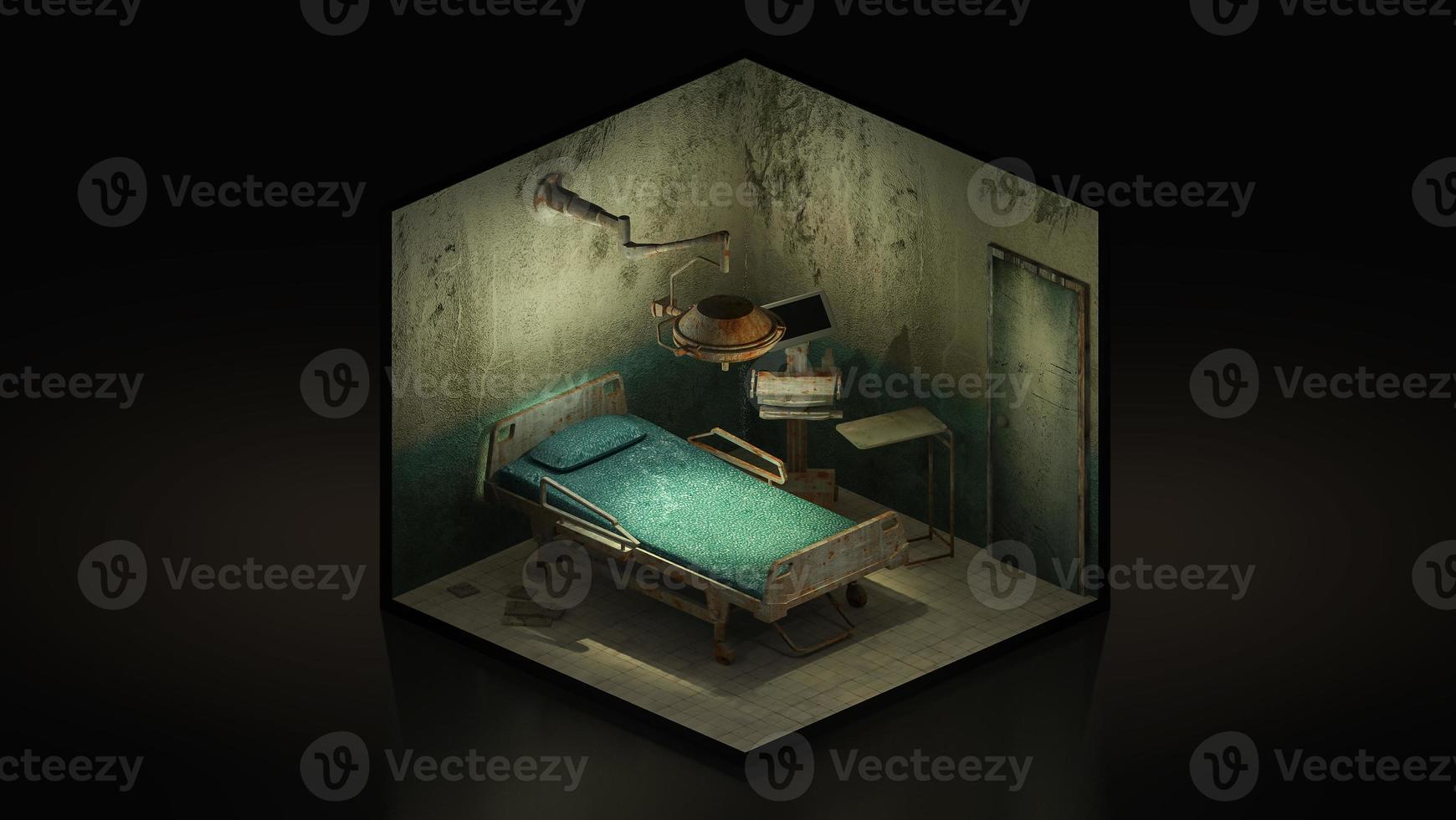 Horror and creepy abandoned operating room in the hospital.,3d illustration Isomatric. photo