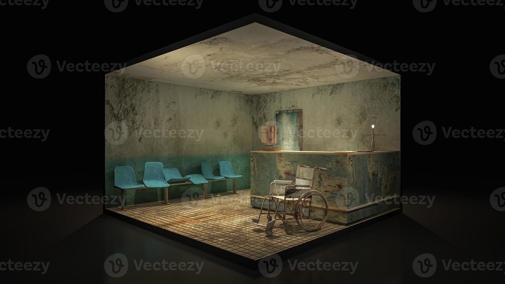 Horror and creepy seat waiting in front of the examination room in the hospital .3d illustration. photo