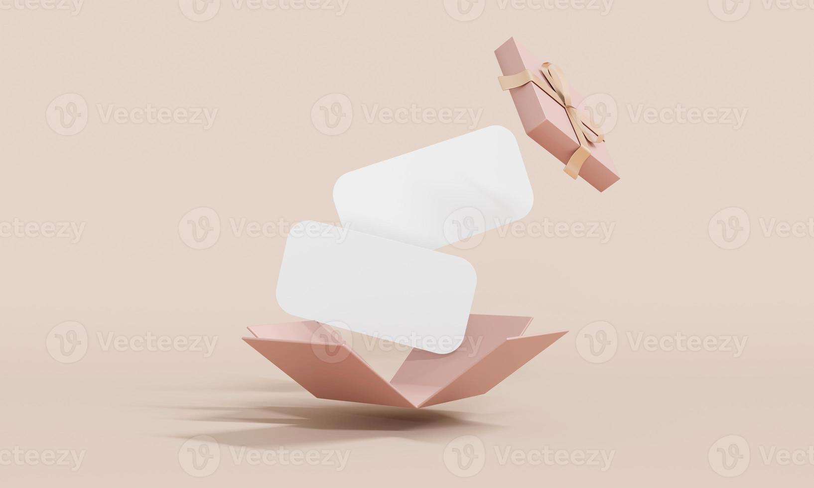 La representación 3d de la explosión de la caja de regalo muestra cupones de papel en blanco en el fondo para el diseño comercial. procesamiento 3d ilustración 3d foto