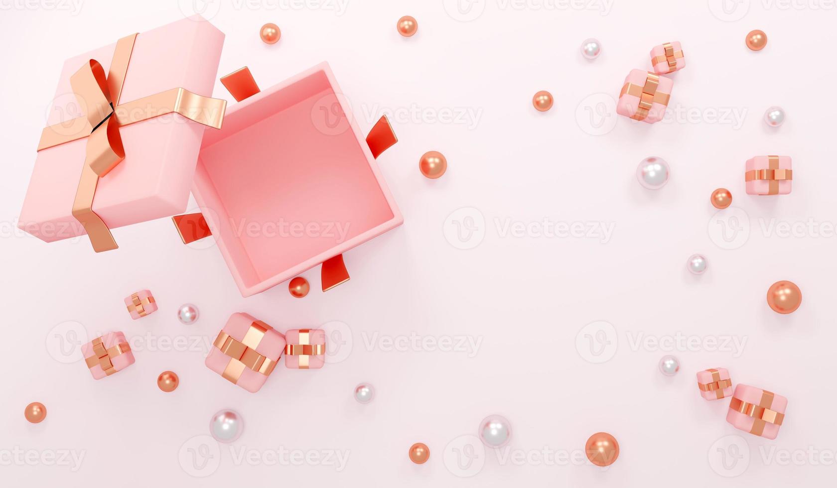 3D Rendering concept of opened gift box top view. Present showing empty space inside with small presents and geometric elements around for commercial design. Valentine's day, mother's day. flat lay. photo