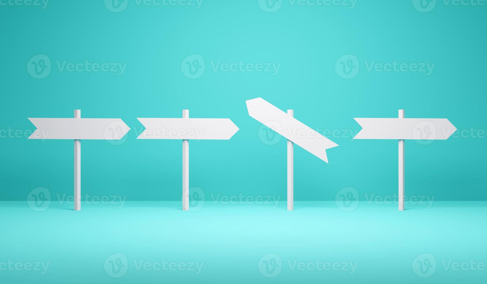 3D Rendering concept of different opinion concept. Direction signs, one of them is pointing on different direction on blue background. 3D Render. 3d illustration. Minimal style. photo