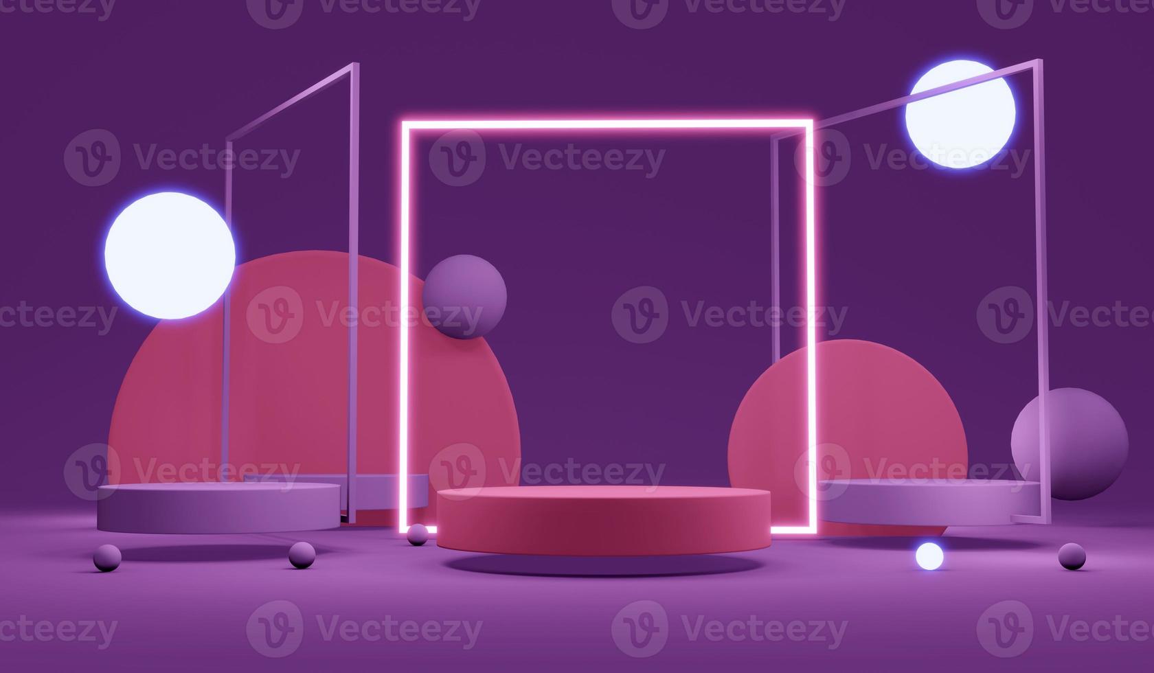 3D rendering concept of futuristic glowing led lines lights square with a blank podium in purple theme for commercial cosmetic luxury design. 3D Rendering. 3D illustration. Abstract light concept. photo