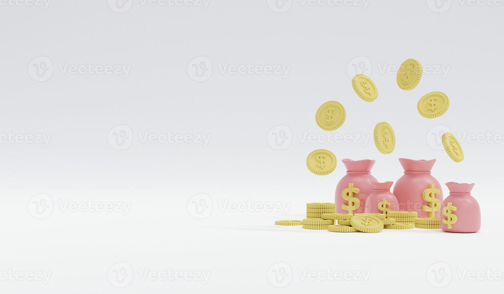 3D Rendering concept of money, insurance, financial services, investment. Pastel coins and money bag with space for text on the left on white background. 3D Render. illustration. Minimal style. photo